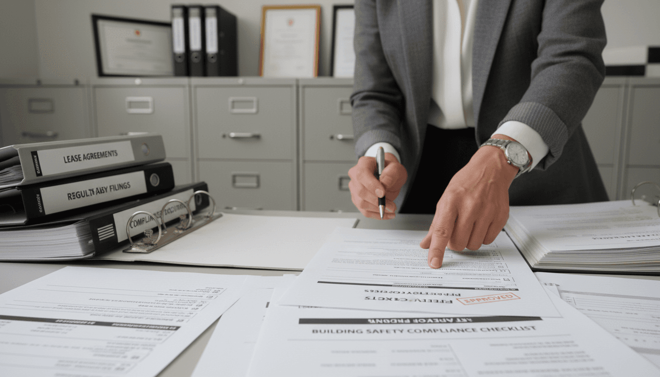 Property manager managing building compliance and safety documentation