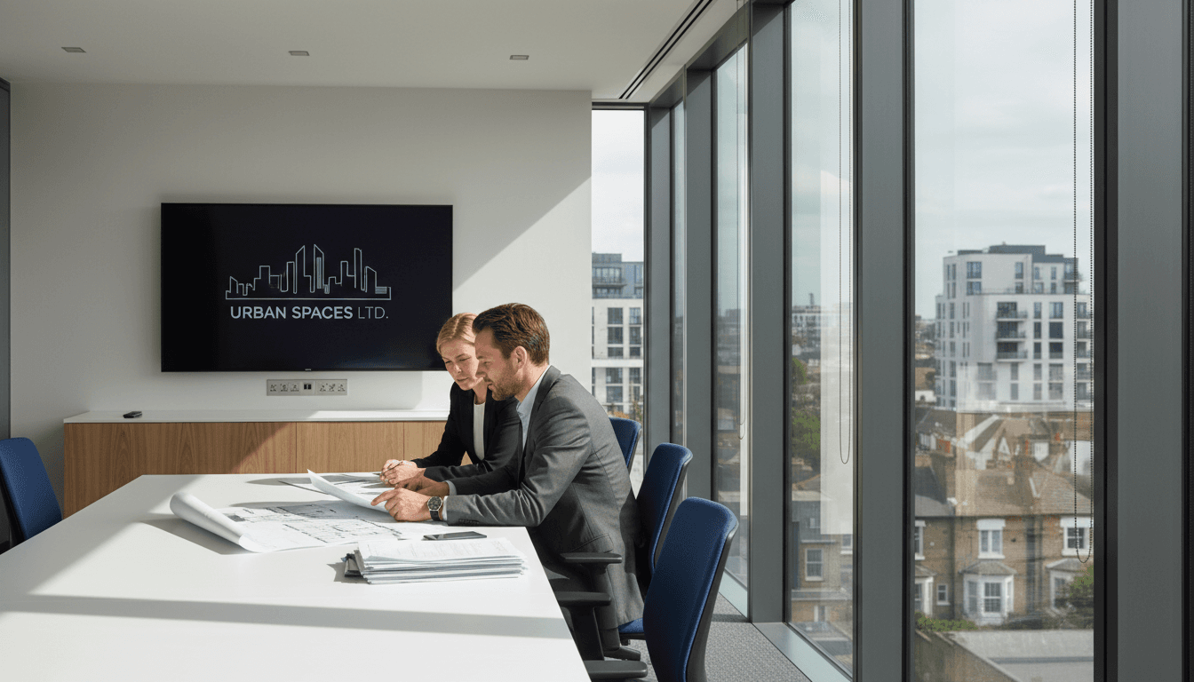 RIMU IM LIMITED property management professionals reviewing building documents at a meeting table with London residential buildings visible through the window