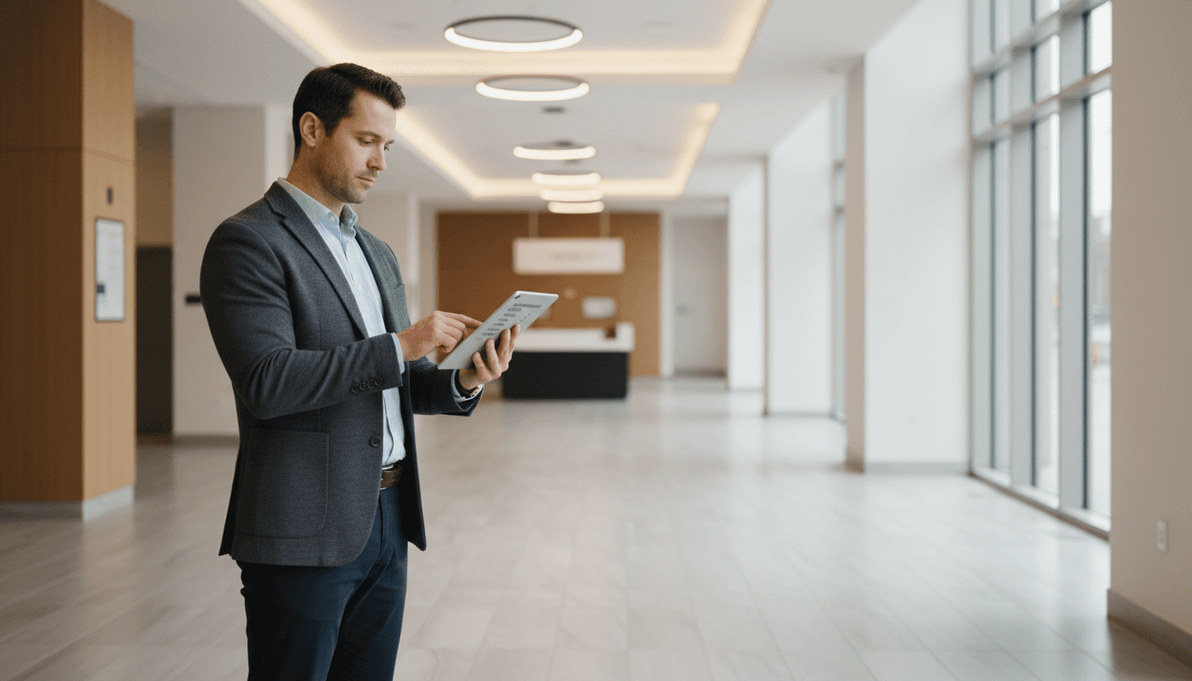 Maintenance supervisor reviewing building maintenance plan