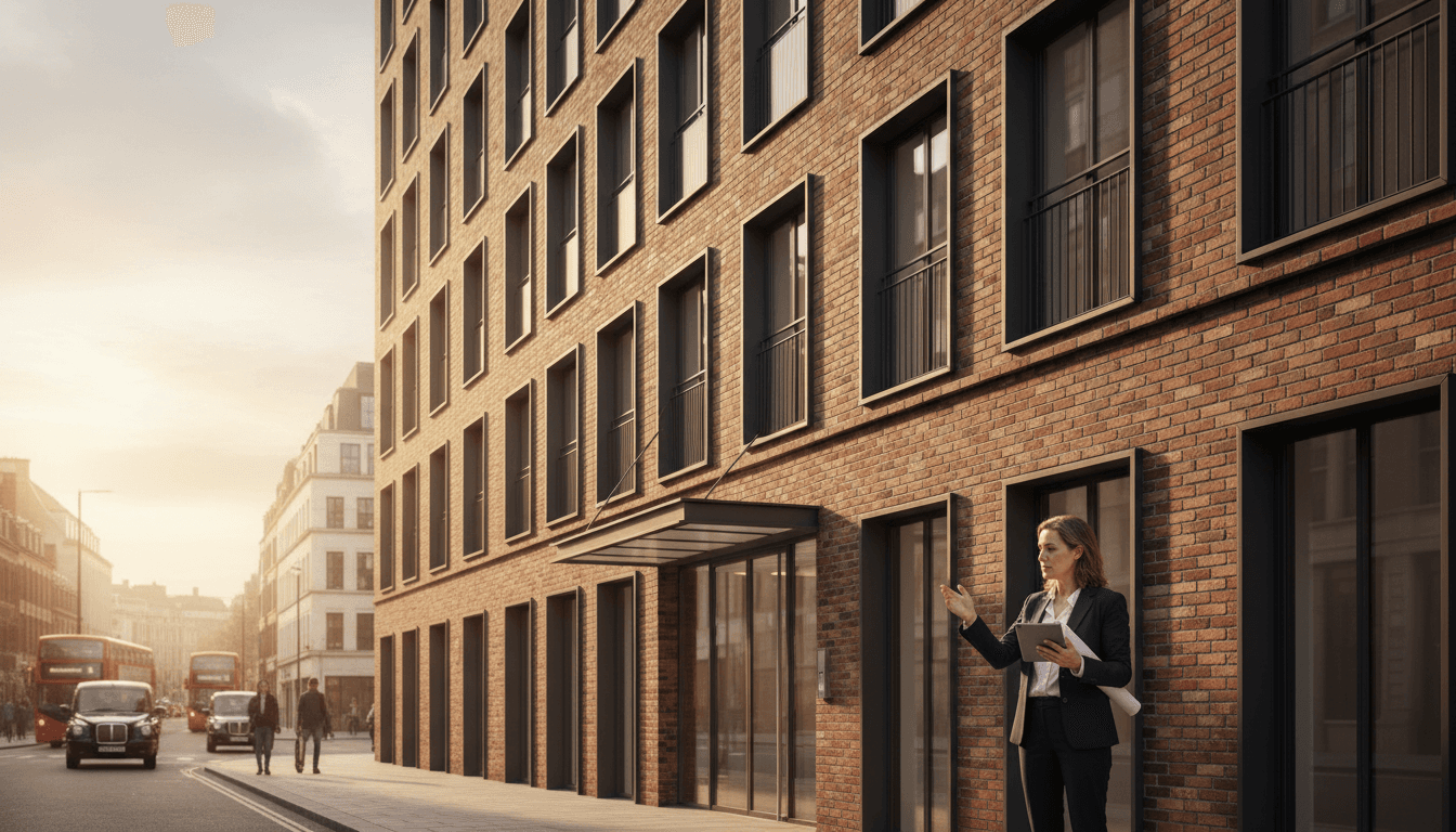 Property manager reviewing building management plans outside a London residential apartment building