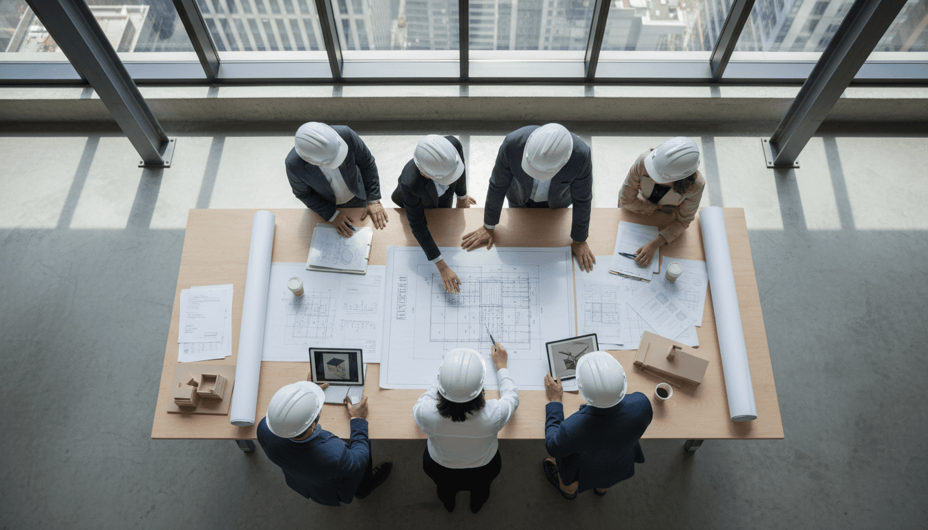 Contractors and building managers reviewing project specifications