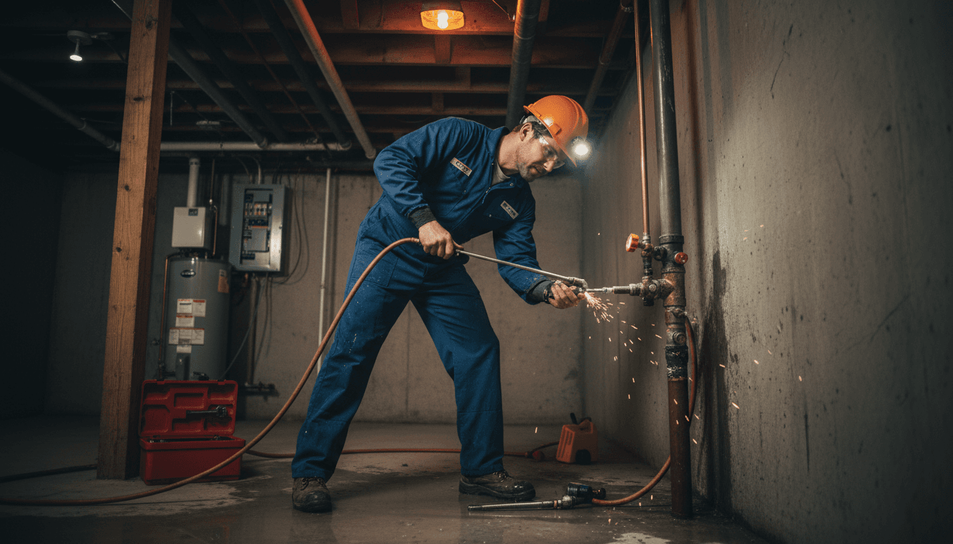 Emergency repair technician addressing urgent building issue