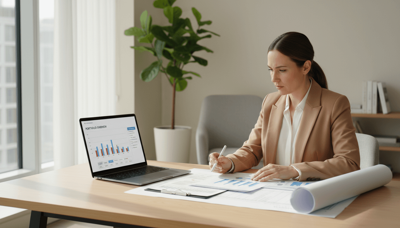 Property manager reviewing management documents and building plans at desk in London office